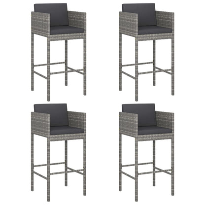 Comfortable Grey Poly Rattan Bar Stool with padded cushions, featuring a sturdy steel frame and designed for practical use in kitchens and patios.
