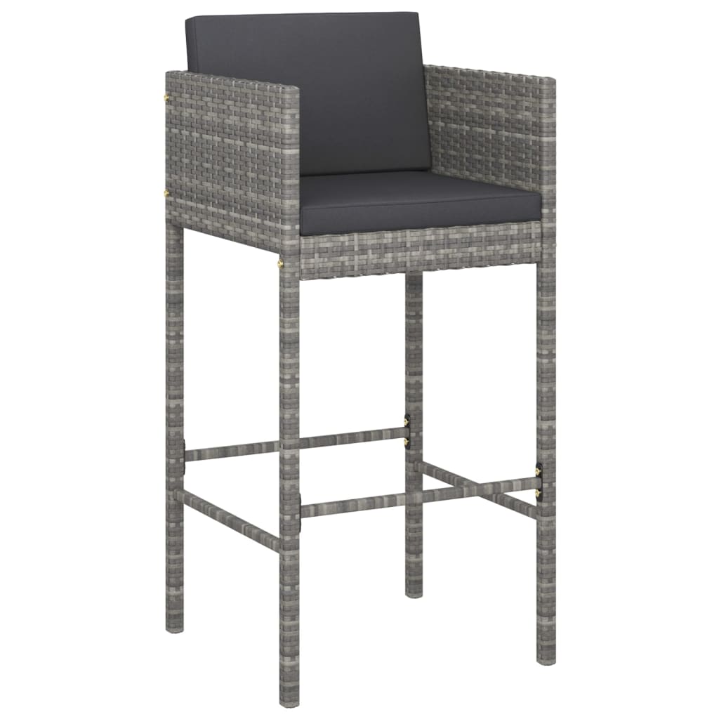 Set of 4 Grey Poly Rattan Bar Stools with cushions, highlighting the backrest and armrest design for enhanced comfort in your living area.