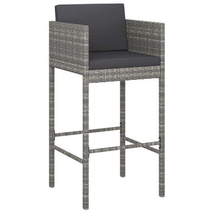 Set of 4 Grey Poly Rattan Bar Stools with cushions, highlighting the backrest and armrest design for enhanced comfort in your living area.
