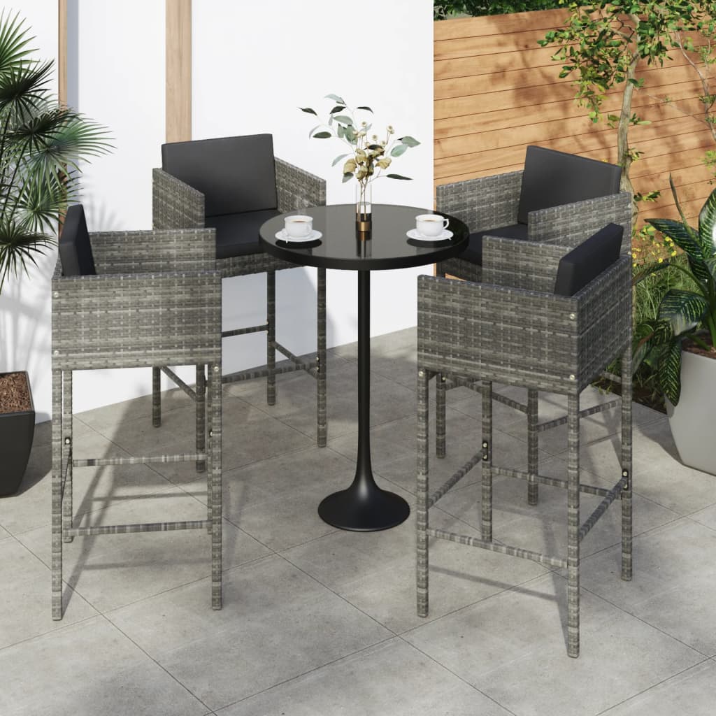 Grey Poly Rattan Bar Stools with Cushions set of 4, showcasing a modern design for comfort and style in any indoor or outdoor space.