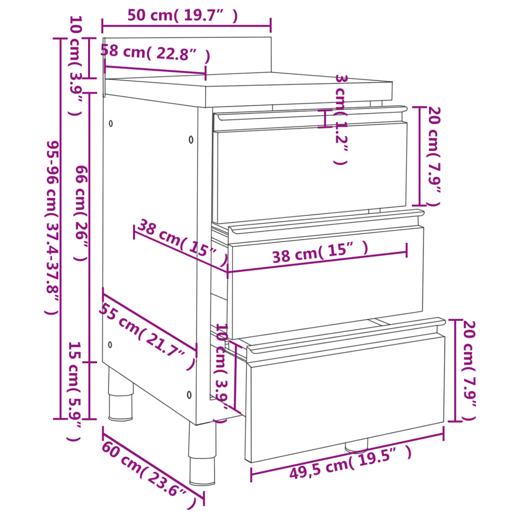 Commercial Kitchen Cabinet with 3 Drawers 50x60x96 cm