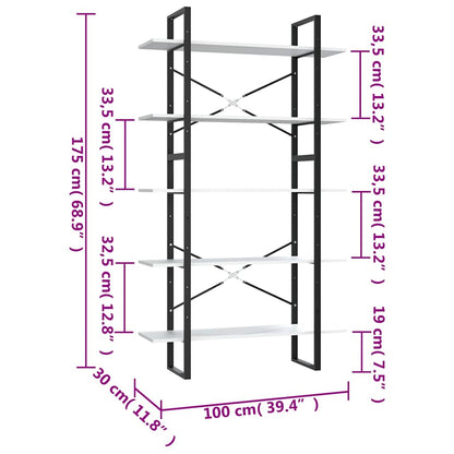 5-Tier Book Cabinet White 100x30x175 cm Engineered Wood