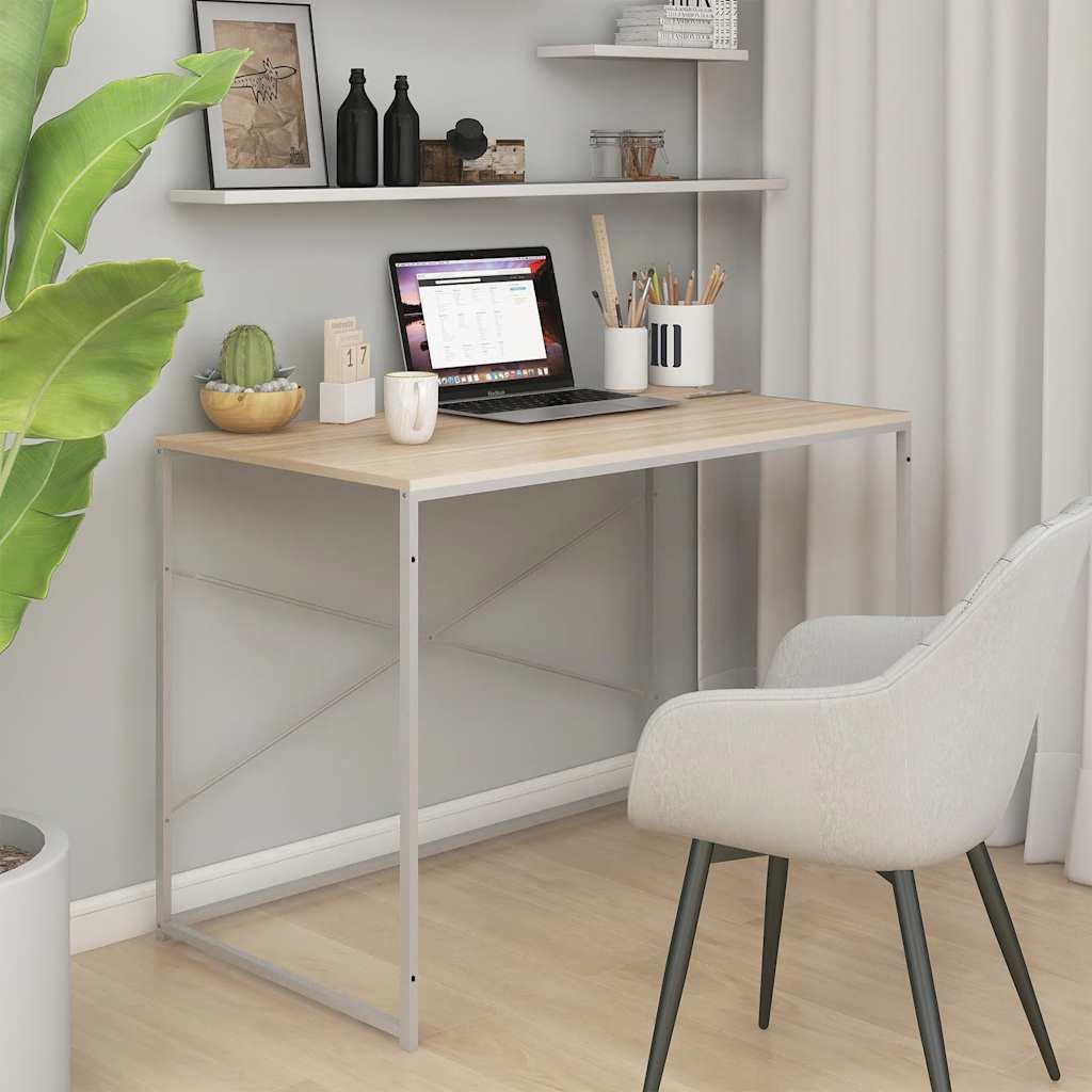 Computer Desk White and Oak 110x60x70 cm Engineered Wood