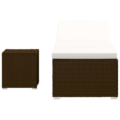 Sun Lounger with Cushion and Tea Table Poly Rattan Brown