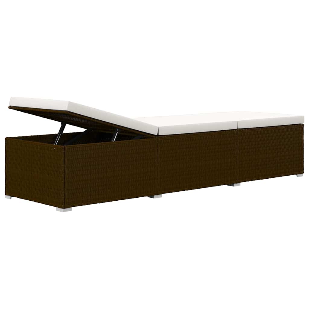 Sun Lounger with Cushion and Tea Table Poly Rattan Brown