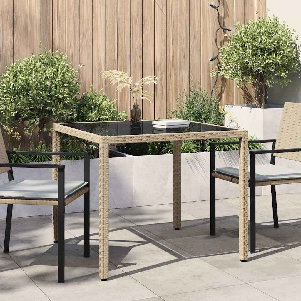 316703 vidaXL Garden Table 90x90x75 cm Tempered Glass and Poly Rattan Beige