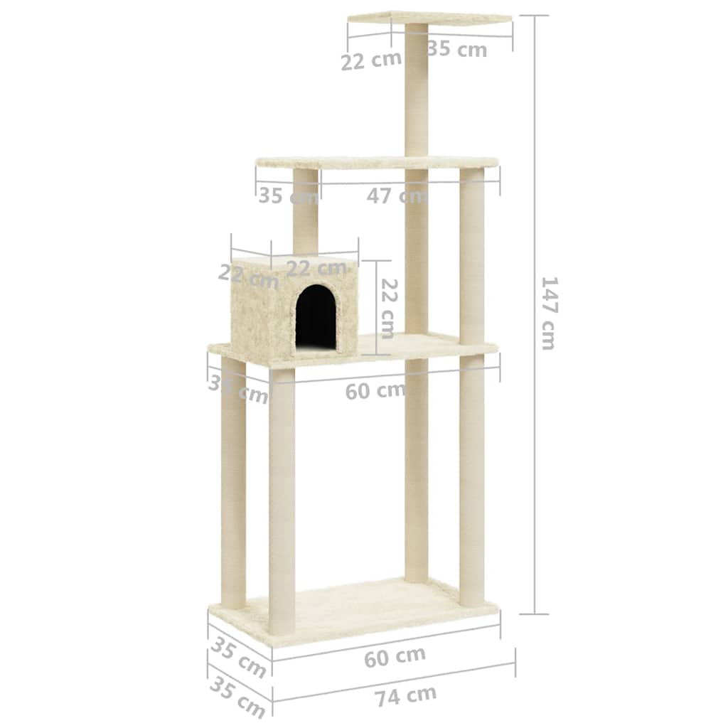 Cat Tree with Sisal Scratching Posts Cream 147 cm