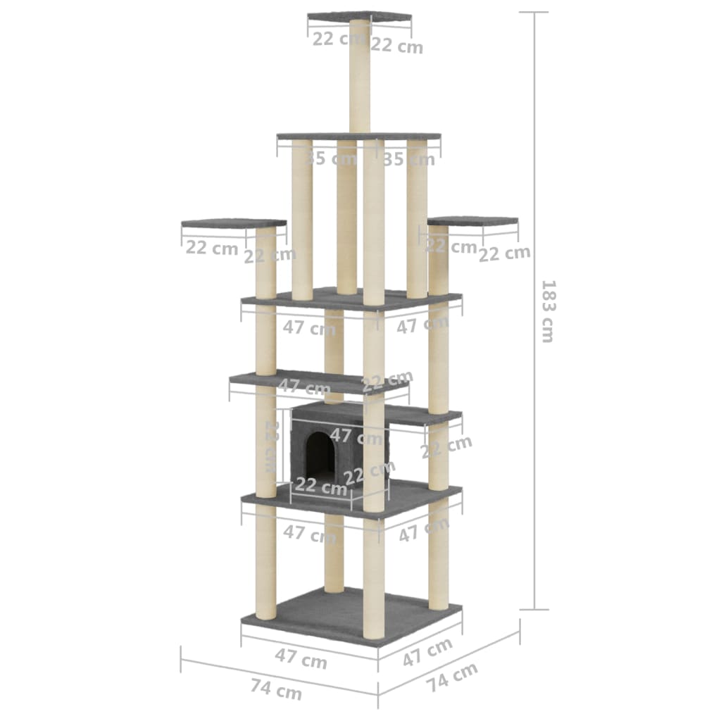 Cat Tree with Sisal Scratching Posts Dark Grey 183 cm