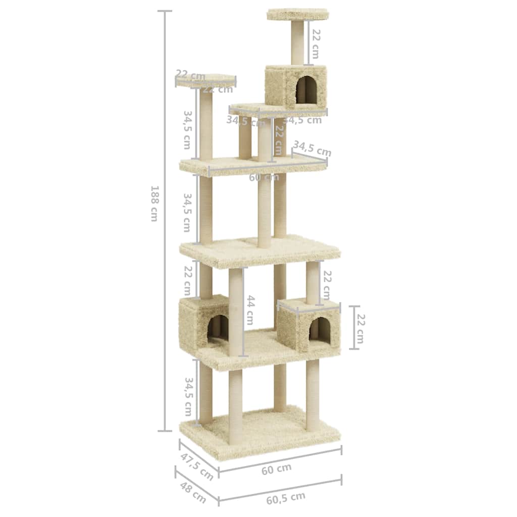 Cat Tree with Sisal Scratching Posts Cream 188 cm