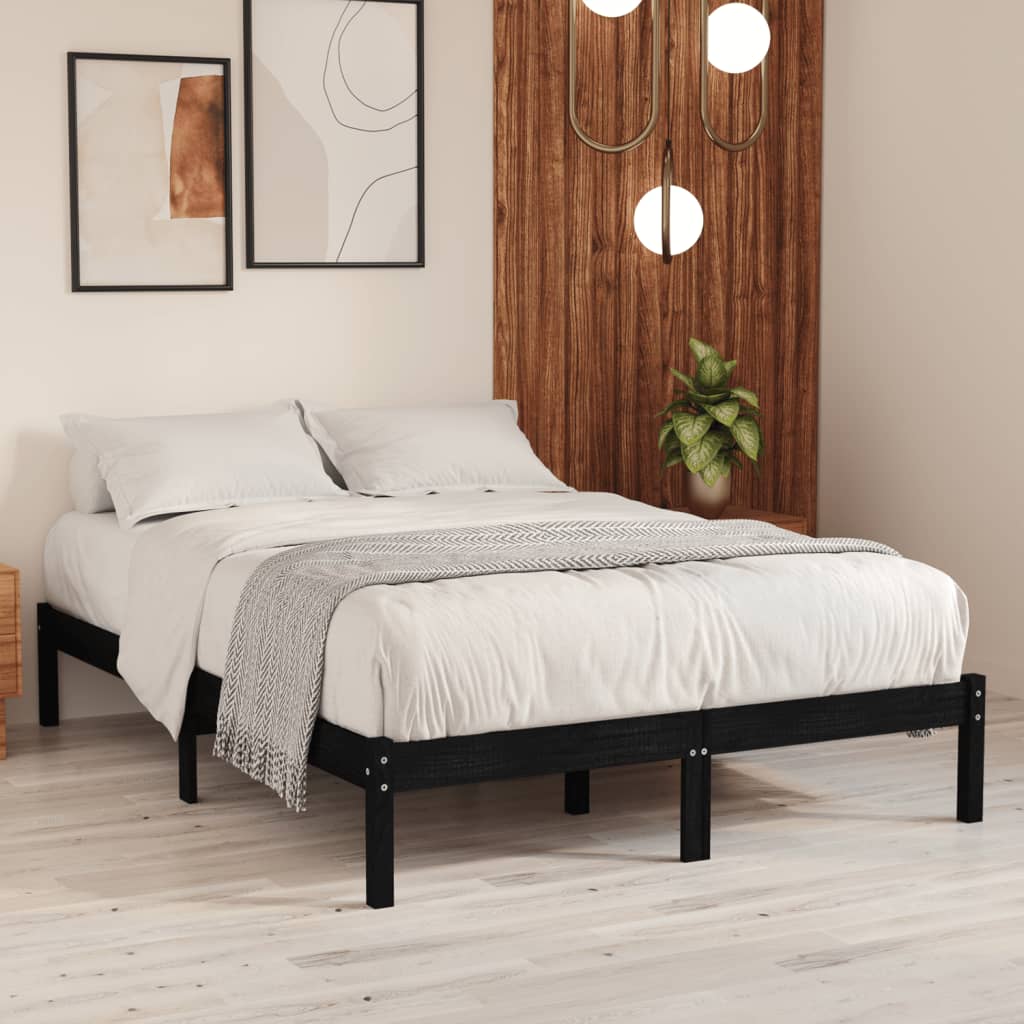 Bed Frame | Black | Solid Pine Wood | 140 x 190 cm | Sturdy | Rectangular