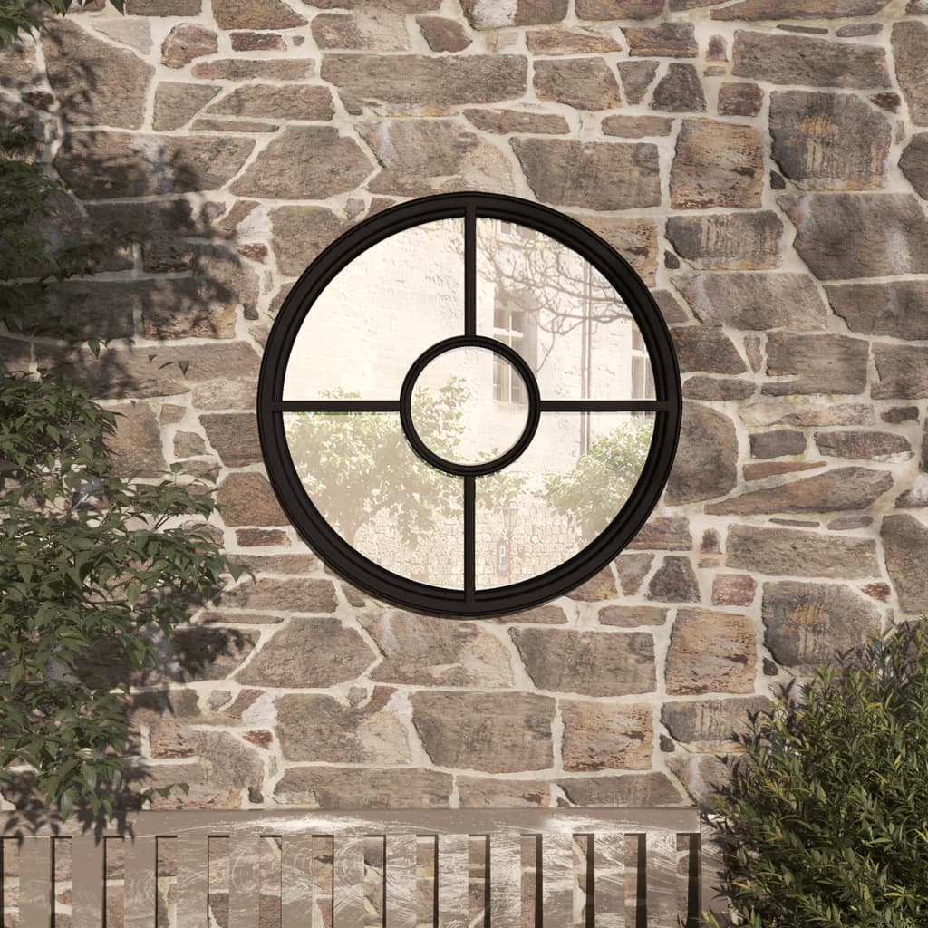 Round Garden Mirror | Black | Iron | 60 cm diameter | Decorative Inlays