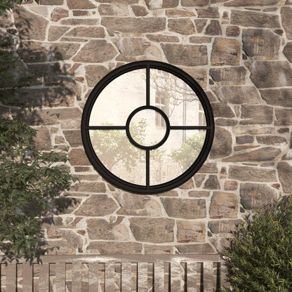 Round Garden Mirror | Black | Iron | 60 cm diameter | Decorative Inlays