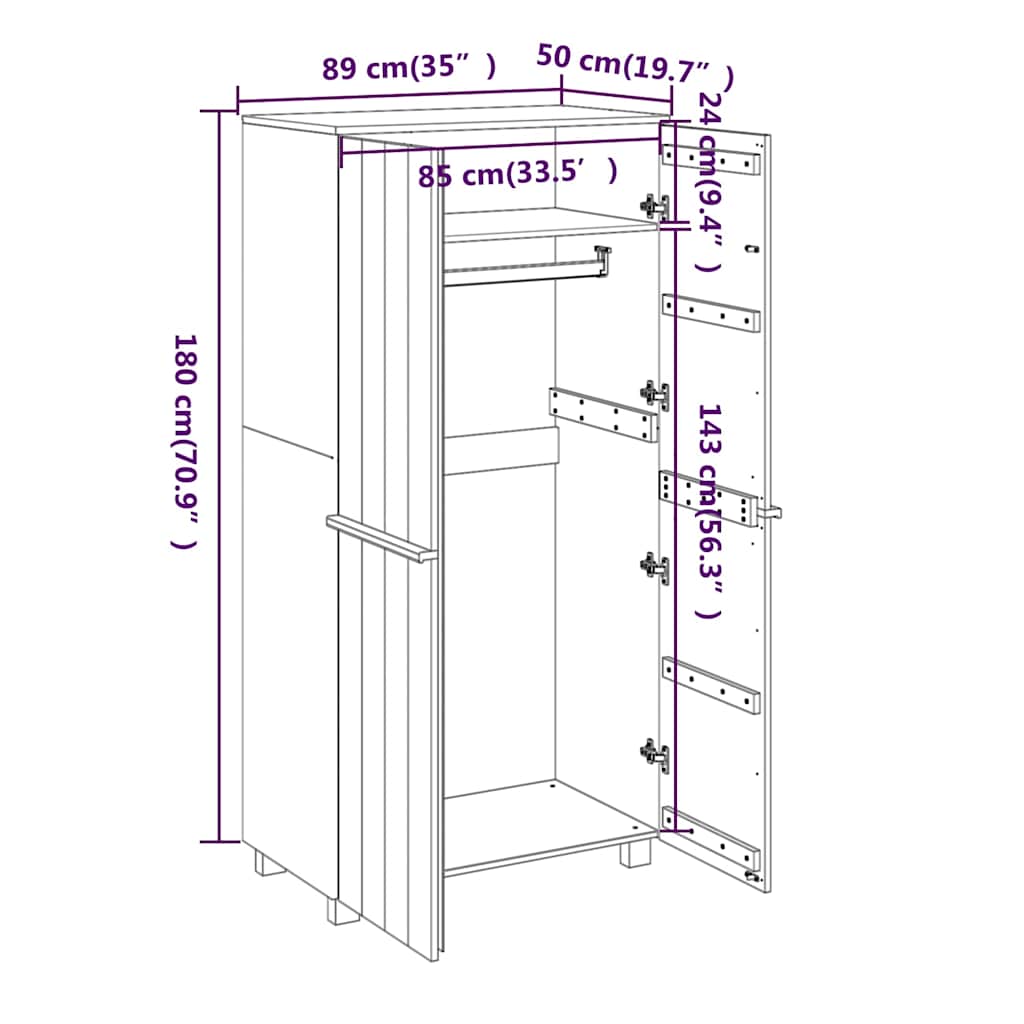 Wardrobe "HAMAR" Light Grey 89x50x180 cm Solid Wood Pine