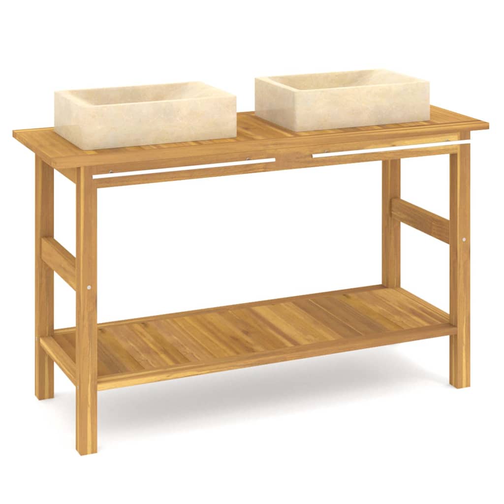 Bathroom Vanity Cabinet with Cream Marble Sinks Solid Wood Teak