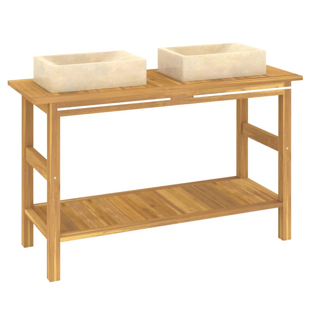 Bathroom Vanity Cabinet with Cream Marble Sinks Solid Wood Teak