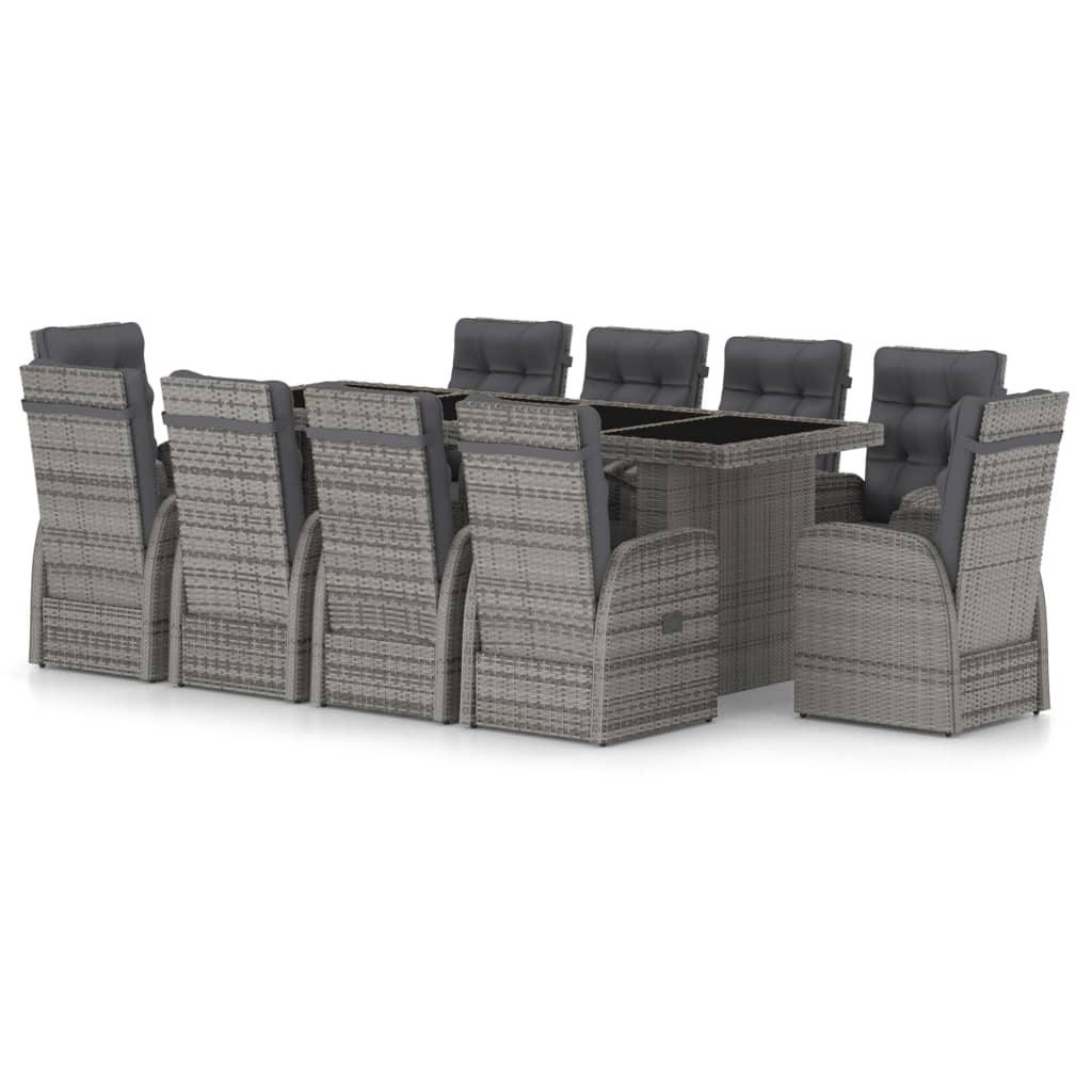11 Piece Garden Dining Set with Cushions Grey Poly Rattan