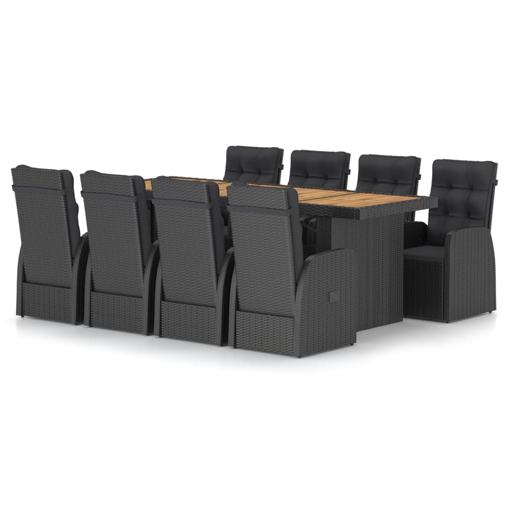 9 Piece Garden Dining Set with Cushions Black Poly Rattan