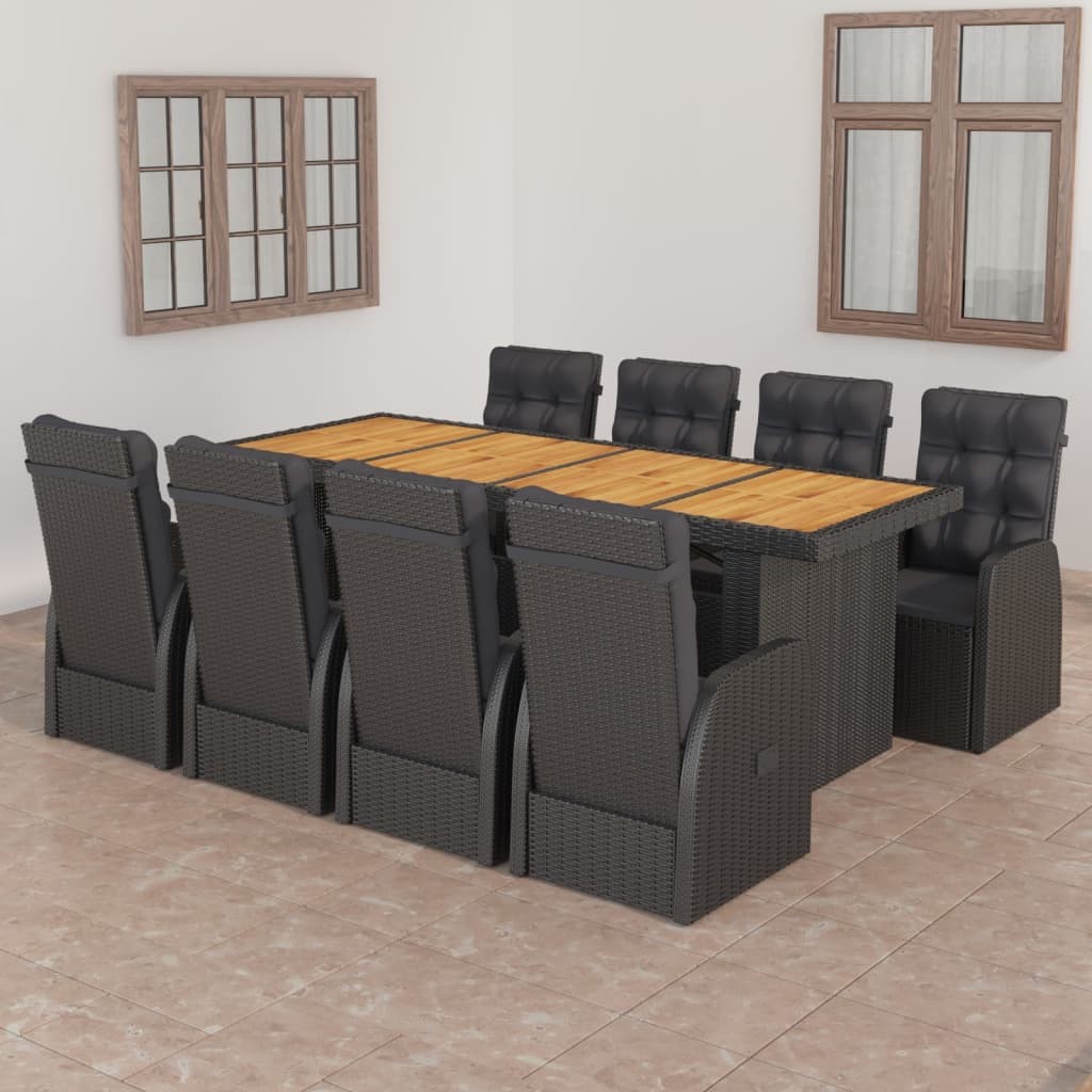 9 Piece Garden Dining Set with Cushions Black Poly Rattan