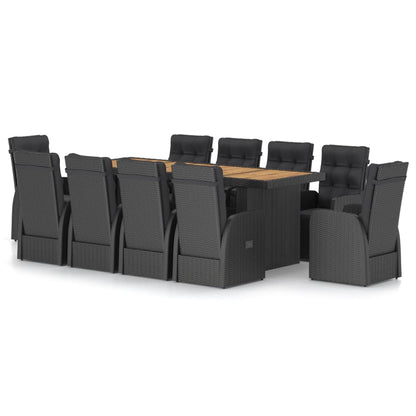 11 Piece Garden Dining Set with Cushions Black Poly Rattan