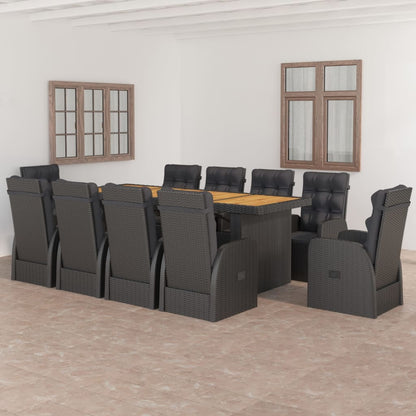 11 Piece Garden Dining Set with Cushions Black Poly Rattan