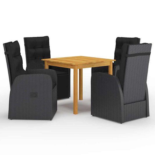5 Piece Garden Dining Set with Cushions Black Poly Rattan