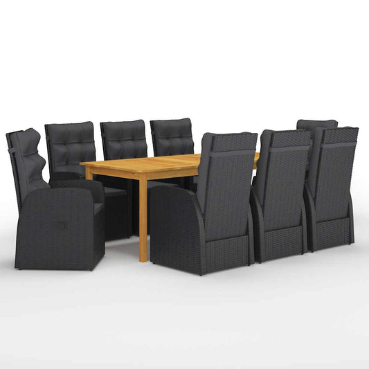 9 Piece Garden Dining Set with Cushions Black Poly Rattan