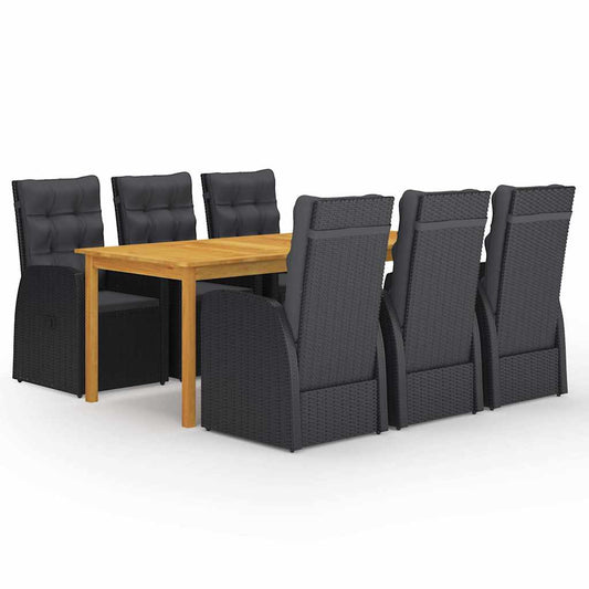 7 Piece Garden Dining Set with Cushions Black Poly Rattan