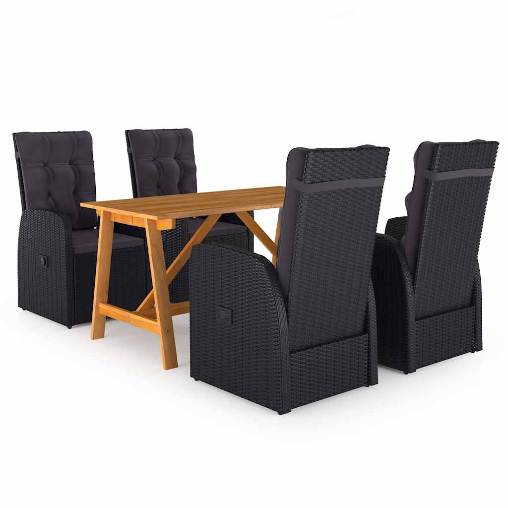 5 Piece Garden Dining Set with Cushions Black Poly Rattan