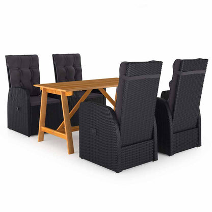 5 Piece Garden Dining Set with Cushions Black Poly Rattan
