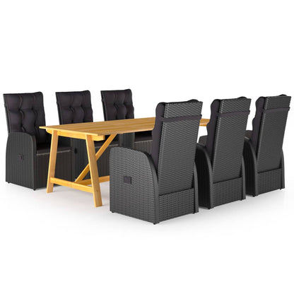 7 Piece Garden Dining Set with Cushions Black Poly Rattan