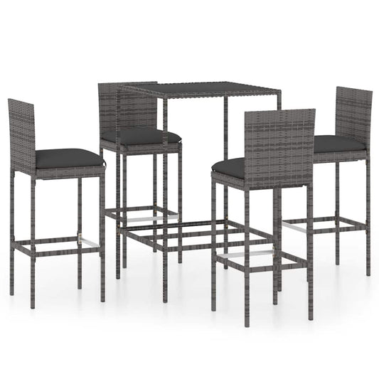 5 Piece Garden Bar Set with Cushions Poly Rattan Grey