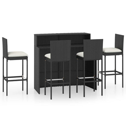 5 Piece Garden Bar Set with Cushions Poly Rattan Black