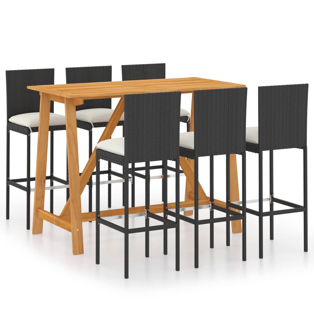 7 Piece Garden Bar Set with Cushions Poly Rattan Black