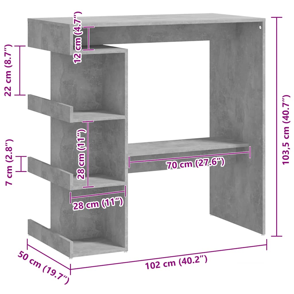 Bar Table with Storage Rack Concrete Grey 100x50x101.5cm Engineered Wood