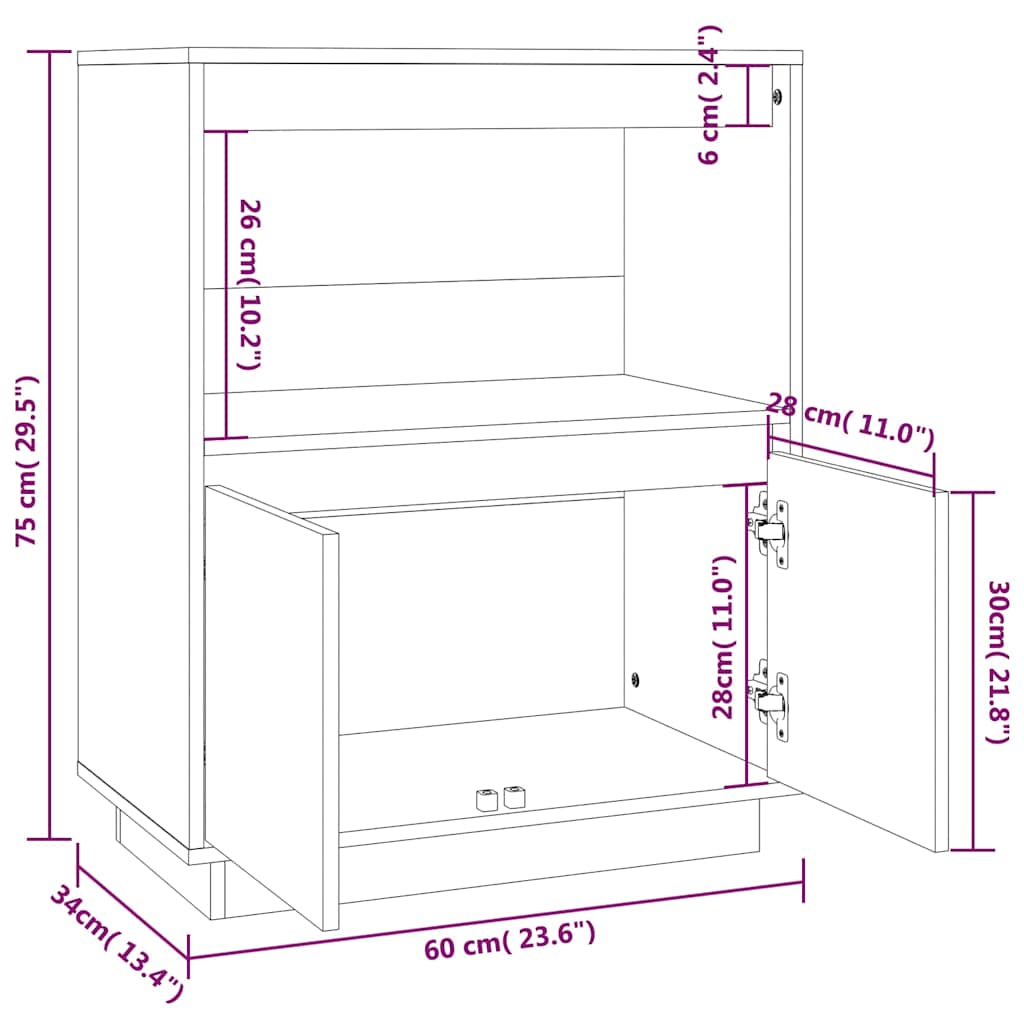 Sideboard White 60x34x75 cm Solid Wood Pine