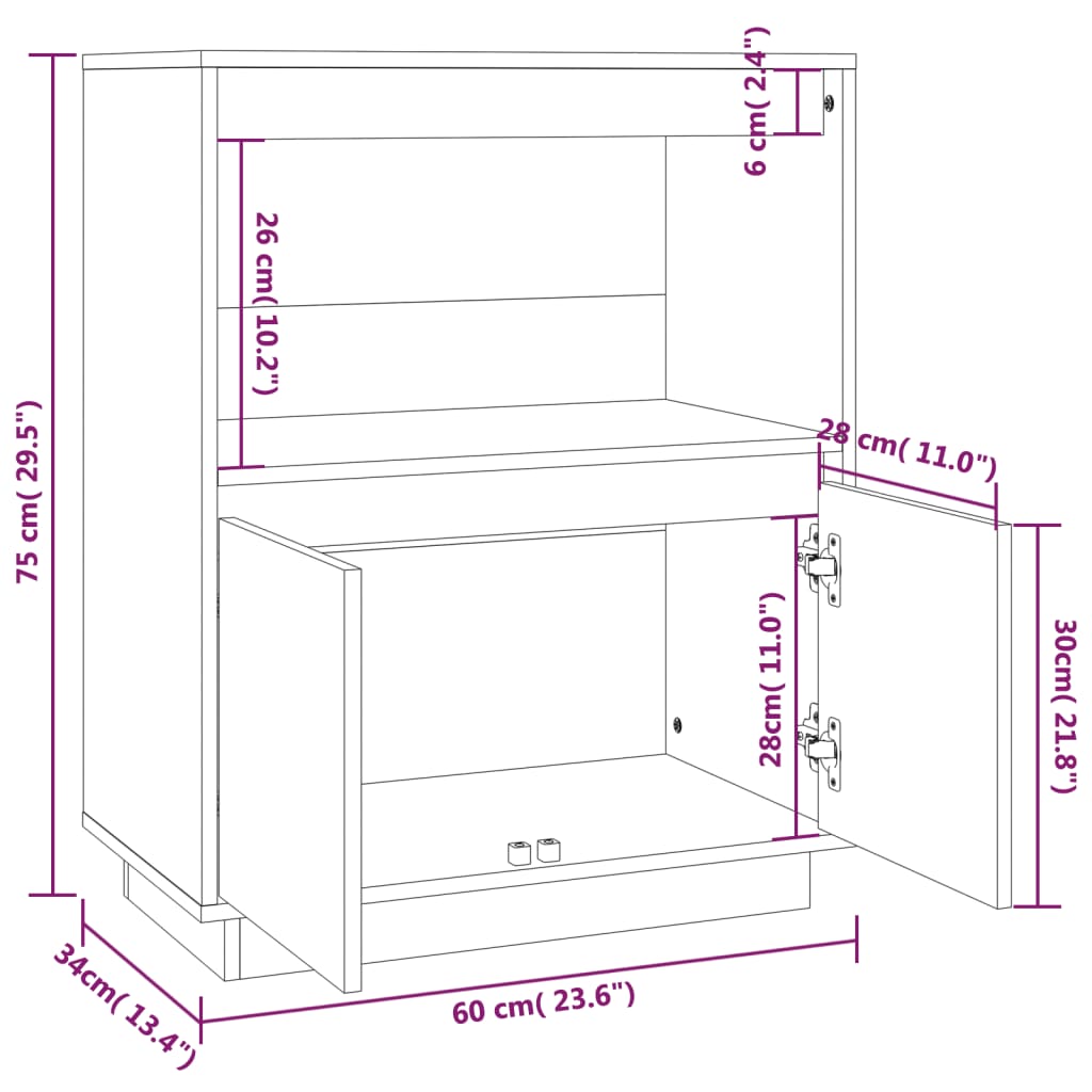 Sideboard Grey 60x34x75 cm Solid Wood Pine