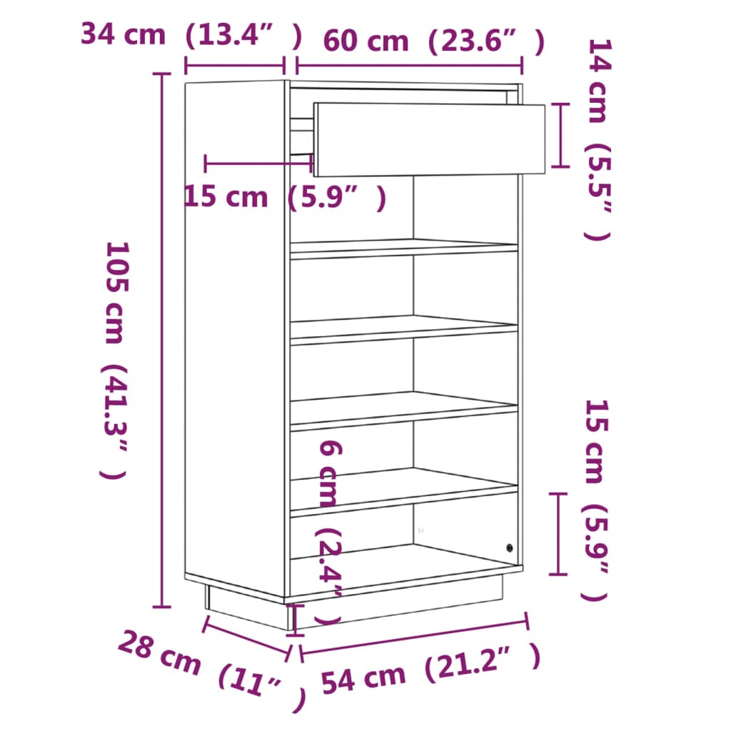 Shoe Cabinet 60x34x105 cm Solid Wood Pine