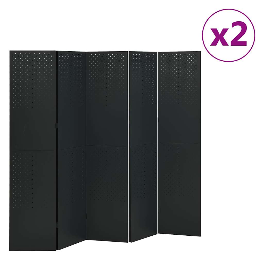 5-Panel Room Dividers 2 pcs Black 200x180 cm Steel