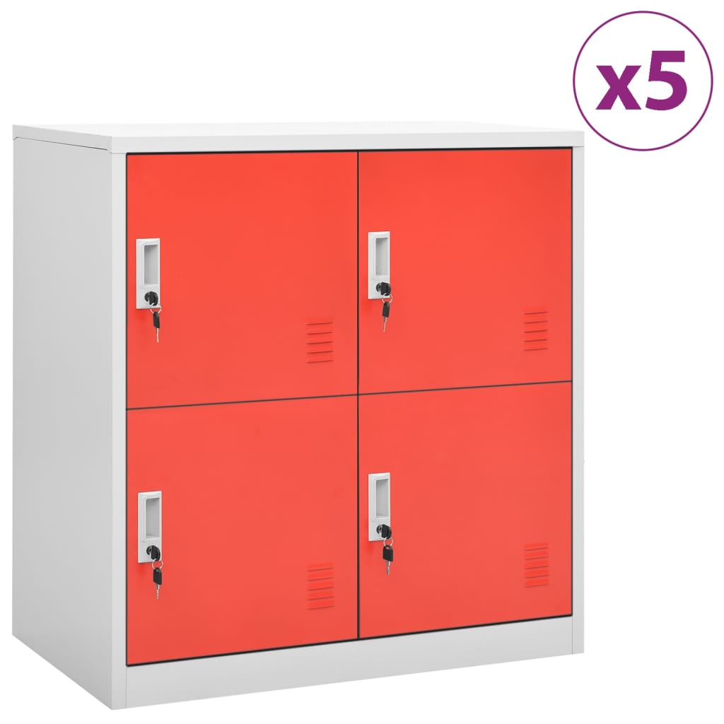 Locker Cabinet | Set of 5 | Light grey and red | Steel | Medium