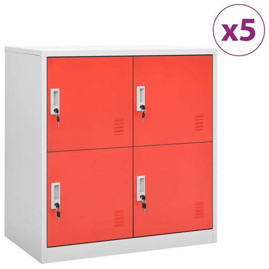 Locker Cabinet | Set of 5 | Light grey and red | Steel | Medium