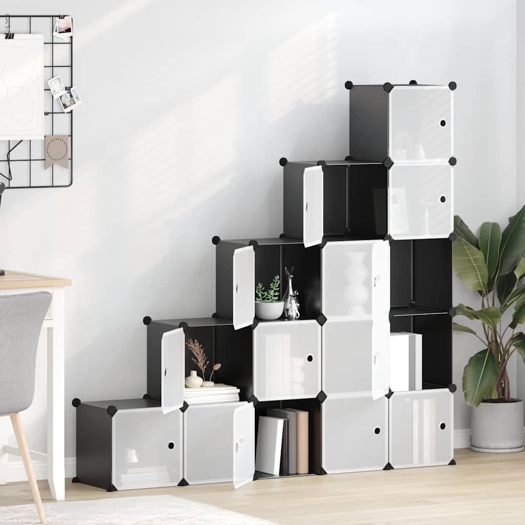 Storage Cube Organiser with 15 Cubes and Doors Black PP