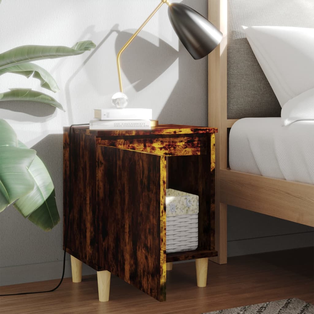 813110 vidaXL Bed Cabinet with Solid Wood Legs Smoked Oak 40x30x50 cm