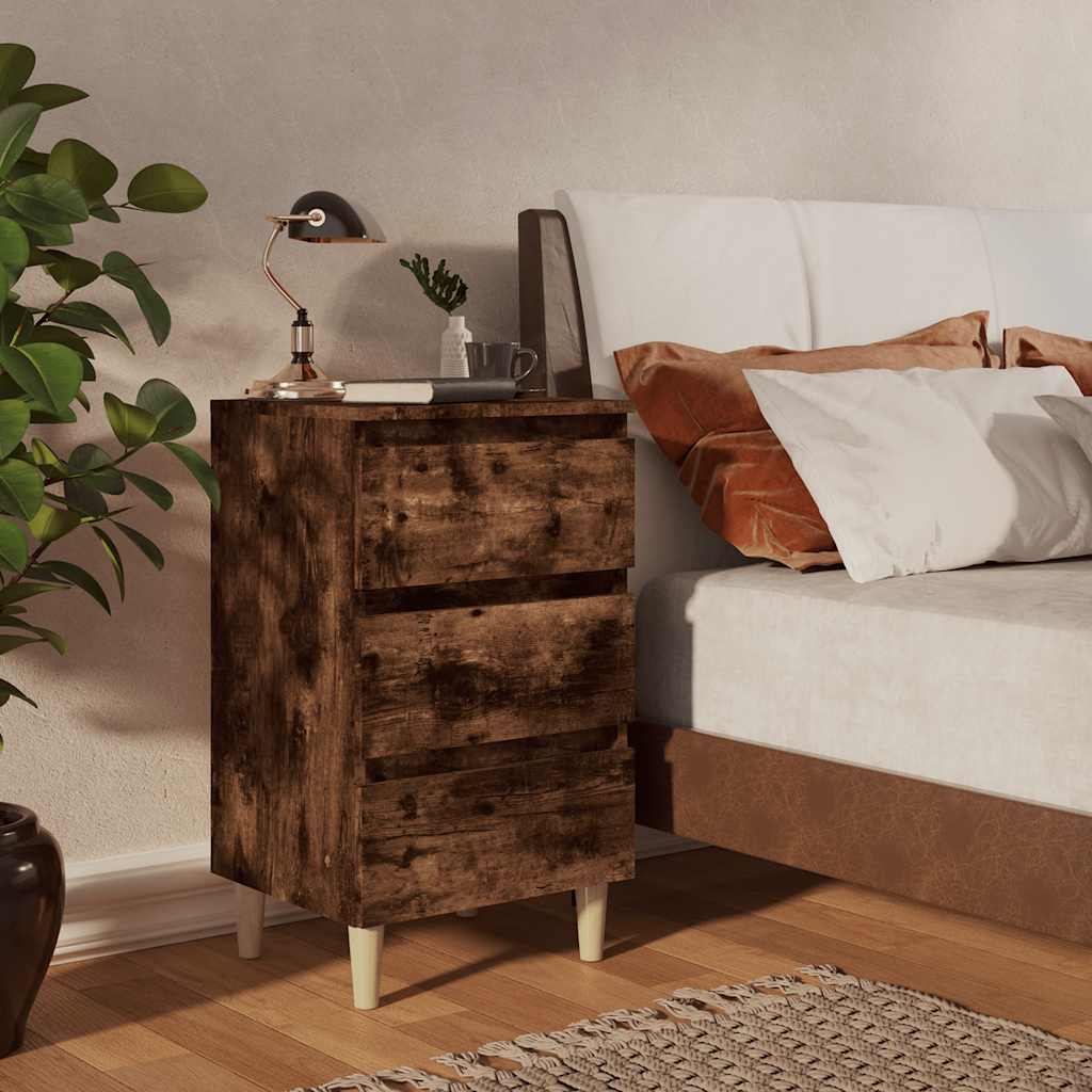813134 vidaXL Bed Cabinet with Solid Wood Legs Smoked Oak 40x35x69 cm