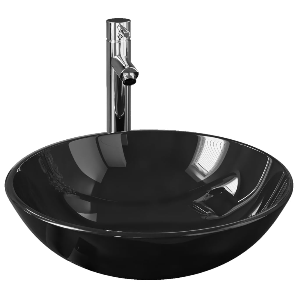 Stylish Bathroom Sink with Tap and Push Drain, featuring Black Tempered Glass design, ideal for modern interiors.