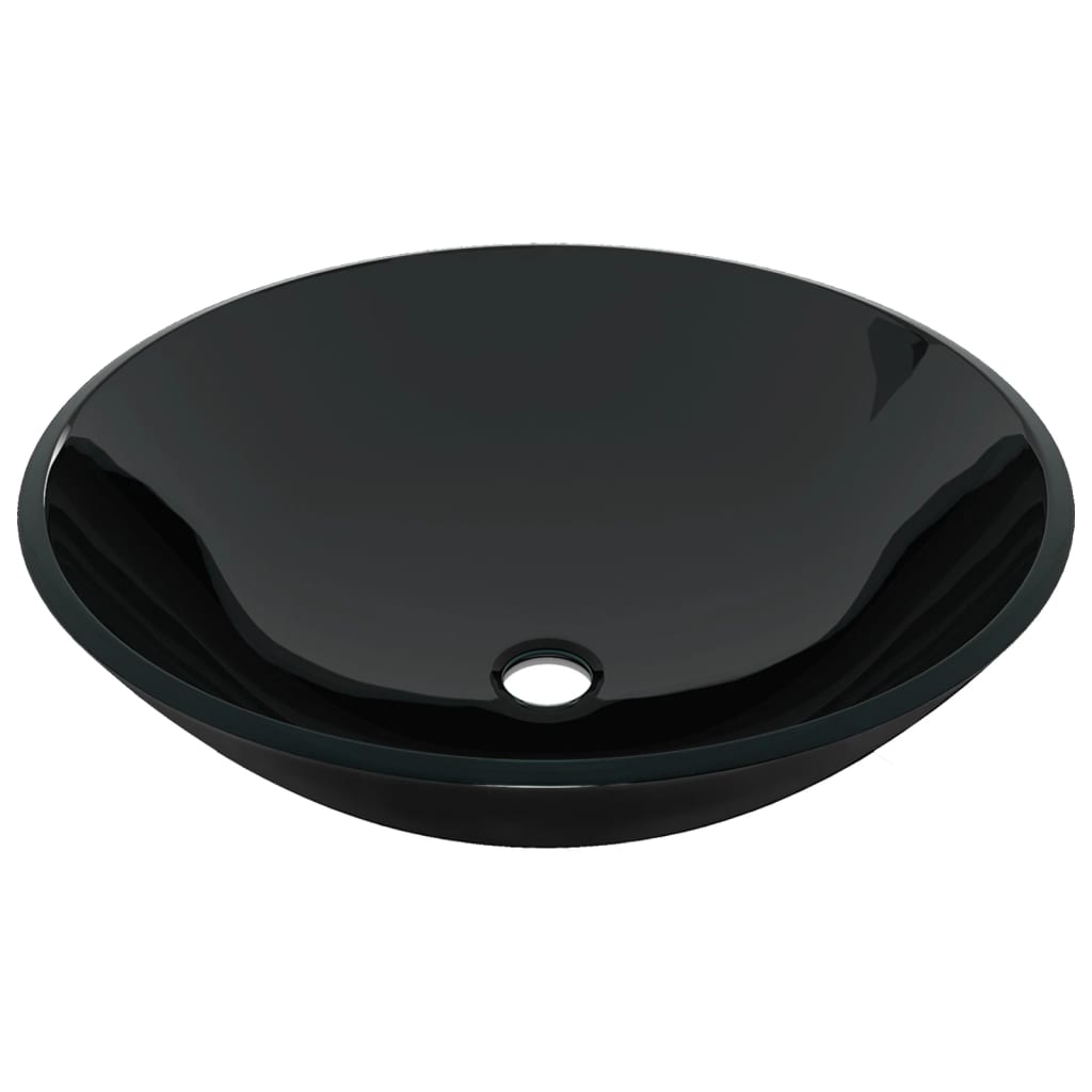Full installation view of the Bathroom Sink with Tap and Push Drain, highlighting its Black Tempered Glass finish in a stylish bathroom setting.