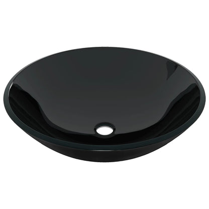 Full installation view of the Bathroom Sink with Tap and Push Drain, highlighting its Black Tempered Glass finish in a stylish bathroom setting.