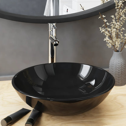 Bathroom Sink with Tap and Push Drain made of Black Tempered Glass, featuring a stylish design perfect for countertop placement.