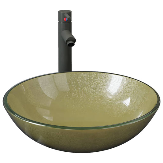 Bathroom Sink with Tap and Push Drain Gold Tempered Glass