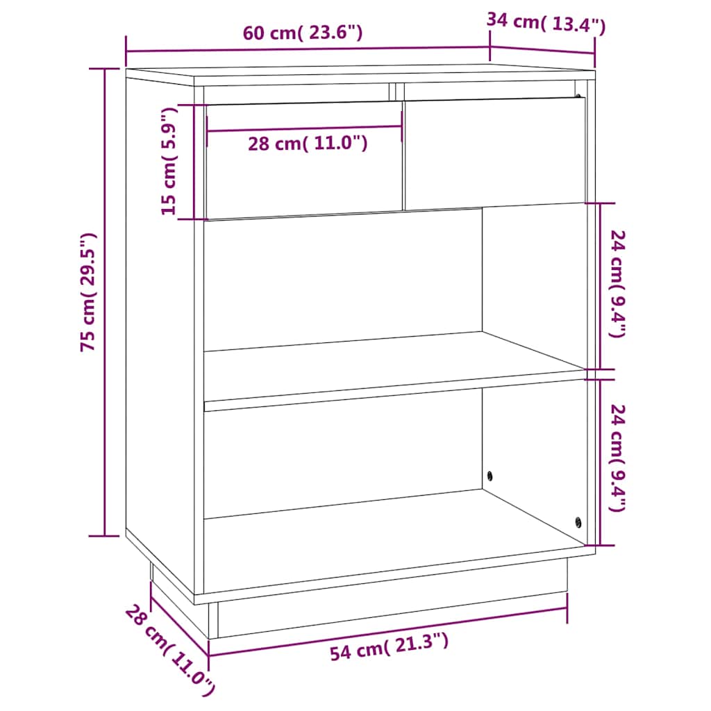 Console Cabinet White 60x34x75 cm Solid Wood Pine