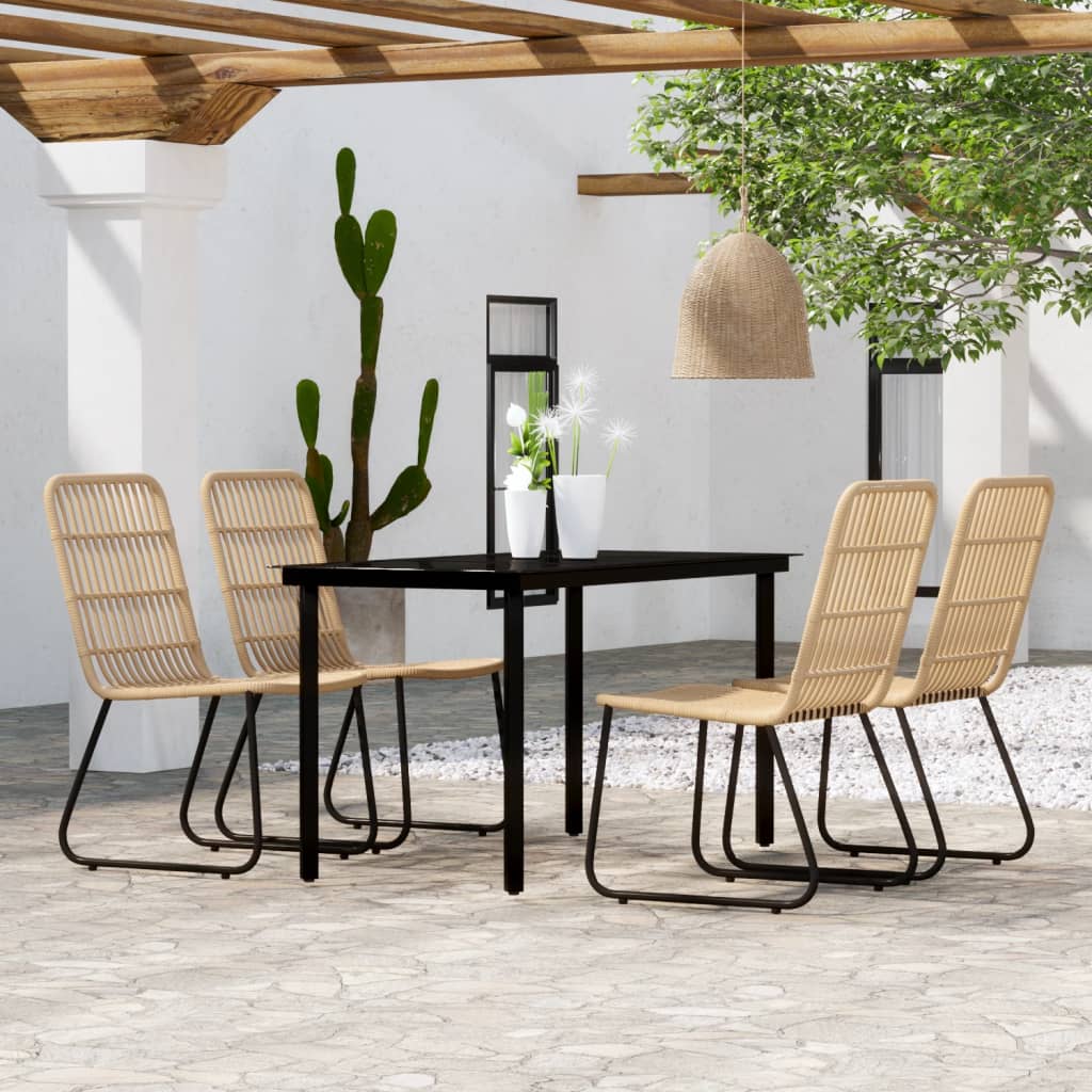 Dining Set | Black, Oak | Powder-coated Steel, Glass Tabletop, PE Rattan